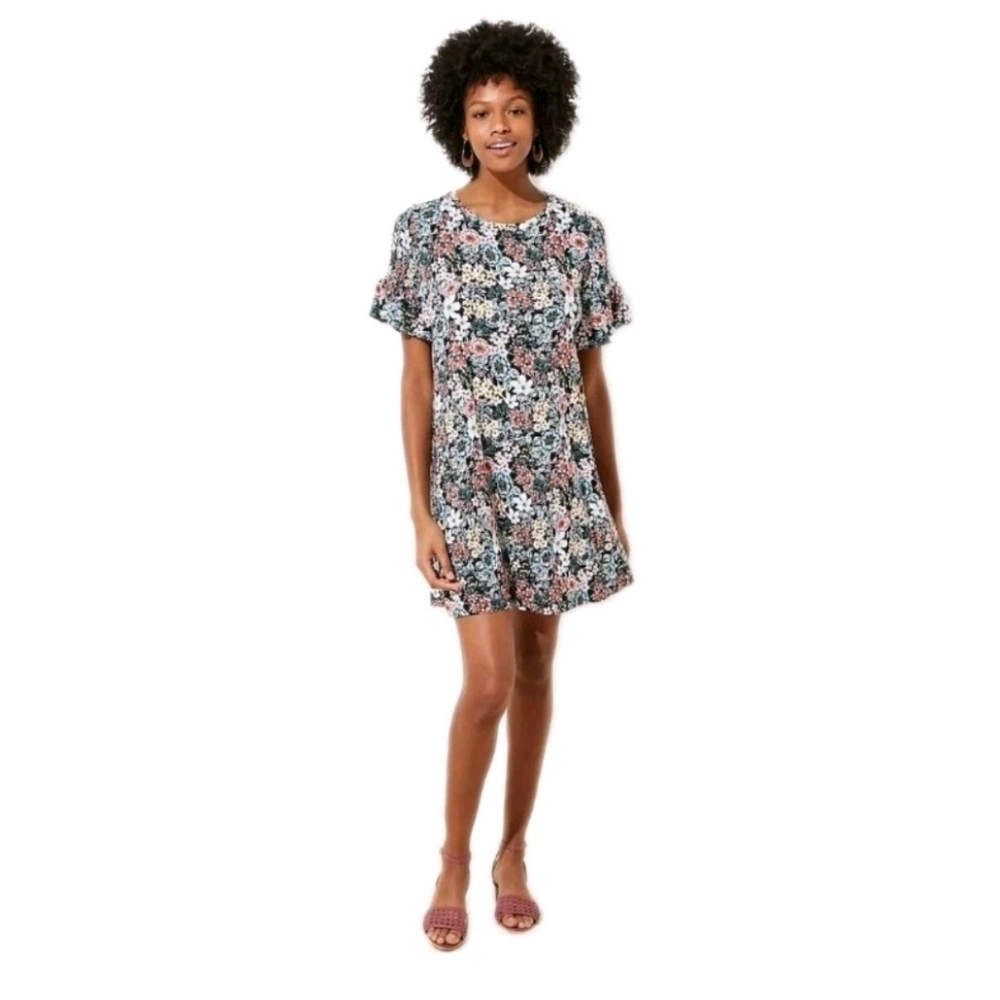 LOFT Size Sm Womens Floral Short Sleeve Dress Smocked Sleeve Flowy Flouncy